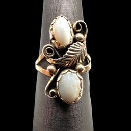 (B183) Sterling Silver Double Mother Of Pearl Leaf Ring, Size 7.5