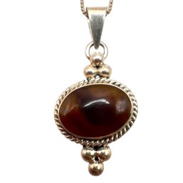 (B192) Italian Long Sterling Silver Ball Chain Necklace With Mexican Tigers Eye Pendant