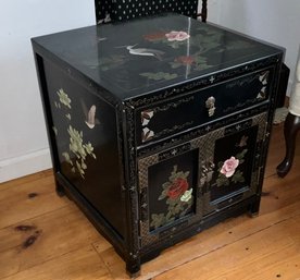 Vintage Black Lacquer Chinoiserie Cabinet/night Stand ~ Hand Painted Floral & Crane Motif  ~