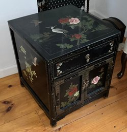 Vintage Black Lacquer Chinoiserie Cabinet/Night Stand ~ Hand Painted Floral & Crane Motif  ~