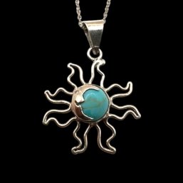 (B194) Mexican Sterling Silver Turquoise Moon And Sun Chain Link Necklace