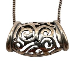 (B195) Sterling Silver Box Chain Necklace With Cutout Swirl Pendant