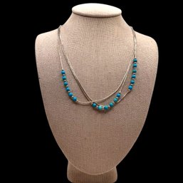 (B199) Sterling Silver Triple Strand Turquoise Beaded Necklace