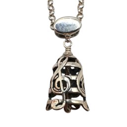 (B200) Italian Sterling Silver Chain Link Necklace With Treble Clef Jingle Bell Pendant