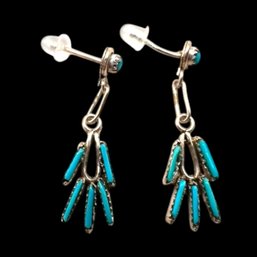 (B201) Sterling Silver Needlepoint Turquoise Stud Dangle Earrings