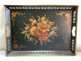 Floral Painted Black Cut Out Handled Tray