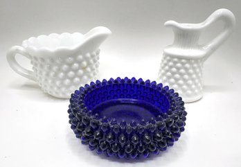 2 Vintage Milk Glass Hobnail Creamers & Cobalt Glass Hobnail Bowl