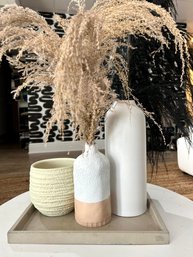 Vase Trio, Concrete Tray, & Feathers