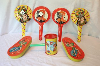 1940's Tin Litho Noise Makers (7) With Original Caldor Labels