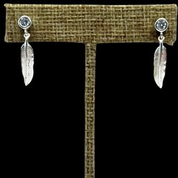 (A115) Sterling Silver Clear Stone Feather Dangle Earrings