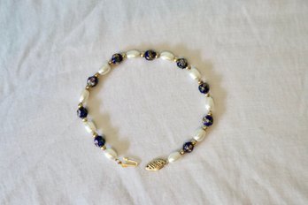 585 Gold (14K) Real Pearl And Cloisonne Bead Bracelet 7'
