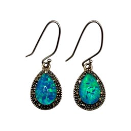 (A125) Sterling Silver Blue Fire Opal Teardrop Dangle Earrings
