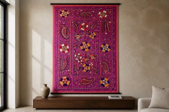 Large Magenta Embroidered Suzani-Style Textile / Wall Hanging With Floral & Paisley Motifs