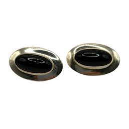 (A126) Sterling Silver Oval Onyx Stud Earrings