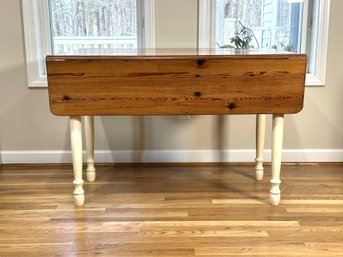 A Great Handcrafted Drop-Leaf Farmhouse Dining Table In Knotty Pine With Painted Legs & Skirt