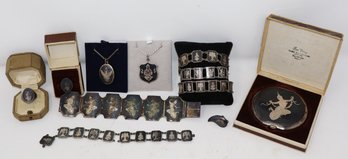 Large Lot Of Nielloware 950 Sterling Silver Jewelry