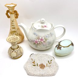 Vintage Sadler Tea Pot, Royal Worcester Vase, Pierced Vase, Glass Egg Trinket Box & Beaded Change Purse
