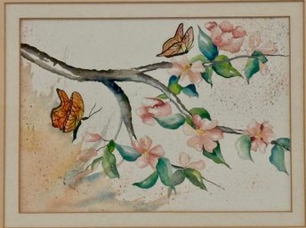 Vintage Japanese Watercolor Featuring Butterflies And Cherry Blossom.