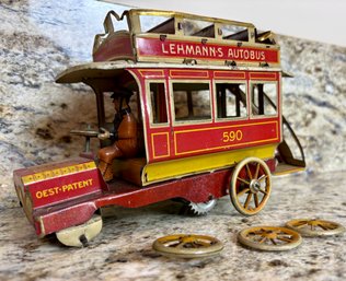 Antique Lemann's Autobus EPL 590 Windup Tin Lithograph Toy. Sold As Is ,As Found.