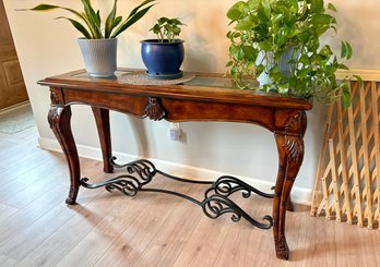 Newer  French Provincial Style  Wood, Glass And Wrought Iron Console Table.