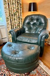 Vintage Barrington Young Tufted Green Leather Chair With Ottoman.