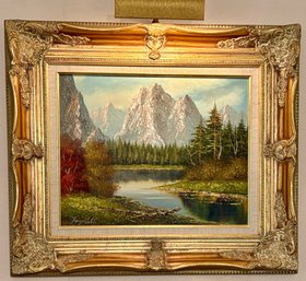 Signed Landscape Oil On Canvas Painting In An Ornate Gold Gilt Frame.