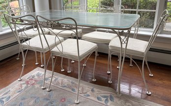 Vintage Whit Wrought Iron Patio Table And Six Chairs.