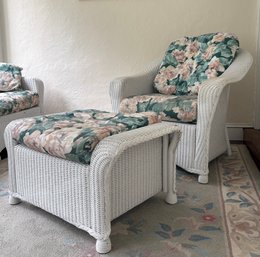 White Wicker Lounge Chair With Ottoman.