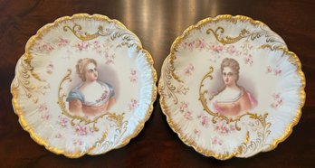 Pair Antique M R France- Limoges , Women's Portrait Hand Decorated Plates . 9'
