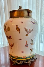 Impressive  Lillian August Tozai Home Porcelain Urn With Heavy Brass Lid And Birds Decorations.16' Tall
