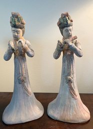 Pair Painted Chinese  Terracotta Figurines Playing The Instruments.