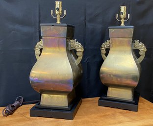 Two Pairs Vintage Brass Lamps With Elephant Handle Details