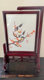Antique Double-Sided Chinese Embroidery Screen With Birds In Carved Wooden Frame On Stand
