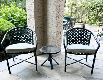 Pair Of Brown Jordan English Garden Hand Wove Chairs, Cushions And Tempered Glass Cocktail Table