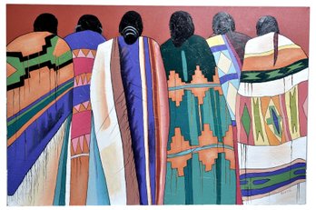 Signed Santos Oil On Canvas Painting Depicting Southwestern Figures Wearing Patterned Blankets