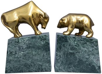 Gatco Bull & Bear Solid Brass Bookends With Marble Base