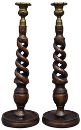 Pair Of Turned Wood Candlestick Holders