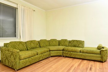 Vintage 1970s Three-Piece Curved Green Damask Modular Sectional Sofa, Hollywood Regency Style
