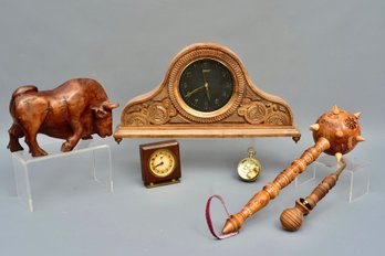 Orpat Mantel Clock, Carved Wood Bull, Compass And More