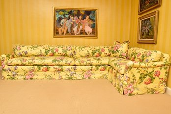Custom Made L-shaped Two Piece Down Filled Floral Design Upholstered Sofa