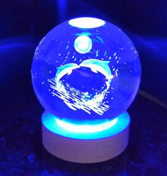 RGB Changing LED Light Crystal 3D Dolphins Engraved Pattern Glass Ball With Wood Base