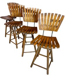Four MCM Arthur Umanoff Style Slatted Wood Swivel Bar Stool.