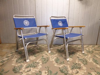 Pair Of Telescope Casual Nautical Wood And Aluminum Folding Chairs