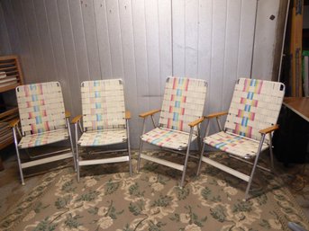 4 Matching Vintage Wood And Aluminum Nylon-webbed Folding Beach Chairs