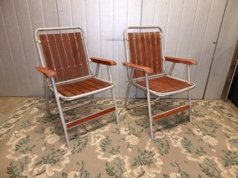 Pair Of Vintage Aluminum And Redwood Slat Folding Beach Chairs