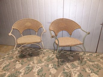 Pair Of Vintage Stackable Wicker And Wrought Iron Patio/cafe Chairs