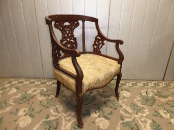 Antique Ornate Mahogany Upholstered Chair With Casters