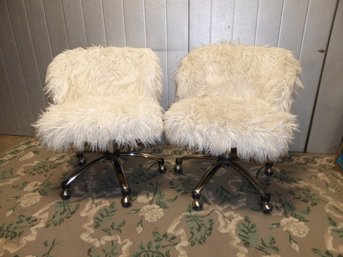 Pair Of White Modern Faux Fur Fluffy Task Adjustable Chairs