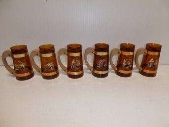 Lot Of 6 Siesta Ware Amber Glass And Wooden Handle Mugs