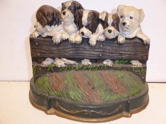 Vintage Iron Hand Painted Dogs On A Fence Doorstop